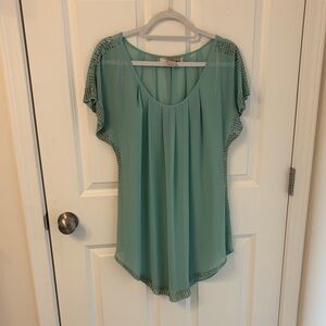 Light Teal Pleated Womens Top with Studded Trim